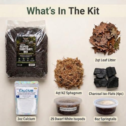 Pacman Frog Bioactive Kit - 9qt Premium Bioactive Substrate + 2qt Leaf Litter + 4qt Sphagnum + Charcoal Iso-Flats Hide + 3oz Calcium + 25 Dwarf White Isopods + 8oz Tropical Springtails