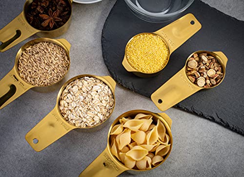 7-Piece 18/8 Stainless Steel Measuring Cups Set, Gold | Includes 1/16, 1/4, 1/3, 1/2, 2/3, 3/4 and 1 Cup, Engraved US and Metric Markings, Pour Spouts and Ring Connector - color: Gold, size: 7 Piece