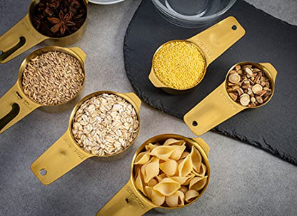 7-Piece 18/8 Stainless Steel Measuring Cups Set, Gold | Includes 1/16, 1/4, 1/3, 1/2, 2/3, 3/4 and 1 Cup, Engraved US and Metric Markings, Pour Spouts and Ring Connector - color: Gold, size: 7 Piece