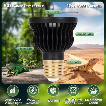 UVB Light Bulb for Reptile 4.5W5.0 UVB UVA Reptile Light Bulb for Bearded Dragon Lizard Tortoises Snake Chameleon Not Heat Lamp Natural Sunlight Simulation for Tropical-Dwelling - size: Upgrade 4.5W5.0