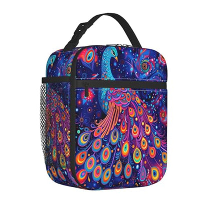 Neon Peacock Art Adult Insulated Lunch Bag, Portable Thermal Cooler Tote With Pockets, Durable Polyester Lunch Box With Handle For Work, Office, Travel - color: Style 2