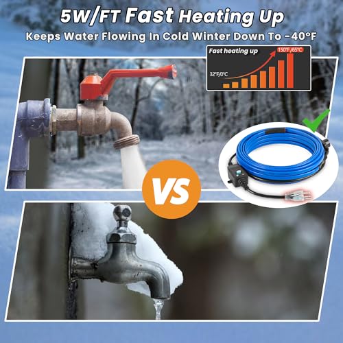 PROEZE 30FT Pipe Heat Cable with Thermostat, Self-Regulating Heating Cable 120V 5W/FT, Freeze Protection for Water Pipes, Roof, Garden, and Outdoor Use, Works Down to -40°F