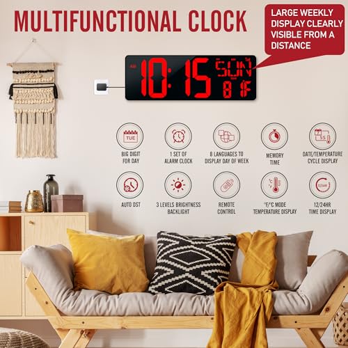 16.5 Digital Wall Clock Large Display, LED Wall Clock with Date and Temperature,Count Up/Down Timer Clock with Remote Control, Adjustable Brightness Alarm Clock for Home, Office, Gym, Elderly - color: 17''-red-remote