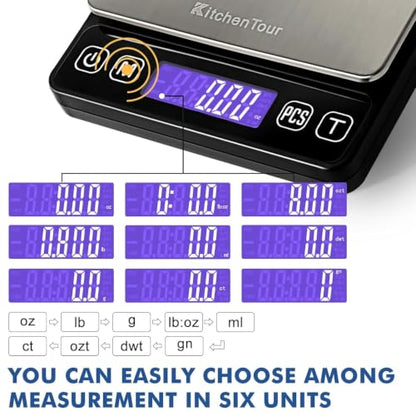 KitchenTour Digital Kitchen Gram Scale - 3000g/0.1g - High Accuracy Precision Food Scale with 9 Units(g/oz/ml/lb/lb:oz/gn/ozt/DWT/ct) - Meat Scale with Back-Lit LCD Display(Batteries Included) - color: Black, size: 3000g/0.1g