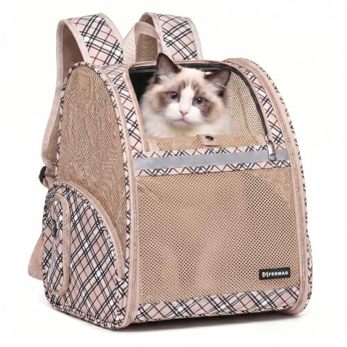 Cat Backpack Carrier for Small Dogs and Medium cat Puppy Kitten Bunny Pet Carrier Backpack Collapsible with Fully Ventilated Mesh with Safety Leash (Khaki, 12.9" L x 10.62" W x 15.5" H - M) - color: Khaki, size: Medium