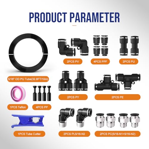5/16 OD Inch 8mm Air Line Hose Tubing Kit Poly Airline Black | Polyurethane Compressed Pneumatic Compressor Repair Kit With Push To Connect Fittings - color: Black, size: 5/16" OD