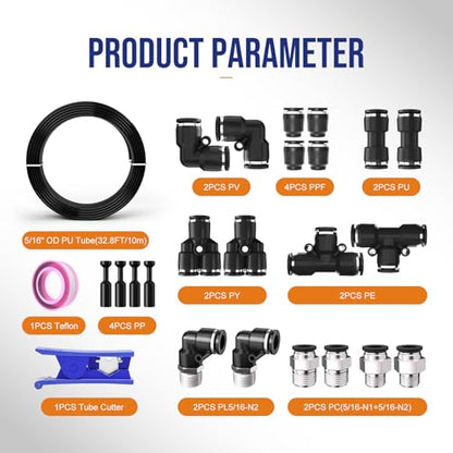 5/16 OD Inch 8mm Air Line Hose Tubing Kit Poly Airline Black | Polyurethane Compressed Pneumatic Compressor Repair Kit With Push To Connect Fittings - color: Black, size: 5/16" OD