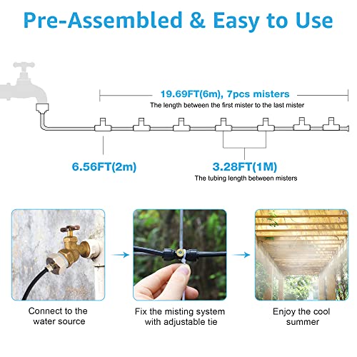 26FT Misters for Outside Patio, 7 Brass Nozzles, 3/4 Inch Adapter | Creates cooling fine mist for compact patios, gardens and greenhouses; 8M preassembled line supports easy DIY setup. - size: 26FT