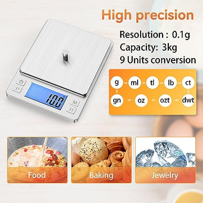 BOMATA Upgraded Small Food Scale with 0.1 g/0.001 oz High Precision | 3000 g/6.6 lb, New Hold Function, Larger Display, USB Rechargeable, Digital Kitchen Scale for Small Item, Jewelry. Sliver - size: 0.1g/3kg Silver