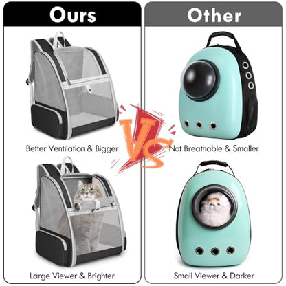 Cat Backpack Carrier, Pet Carrier Backpack with Kitten Wand Feather Toy for Medium Small Dog Cat Puppy Kitty Bunny up to 15lbs, Large Ventilated Mesh Cat Bookbag for Travel Walking Outdoor Use (Black) - color: Black