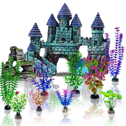 Mechpia 13 Pieces Aquarium Decorations Kit, Fish Tank Decorations Set Small Resin Castle and Rockery Betta Fish Cave Hideout Coral Artificial Plastic Plants Ornament Accessories