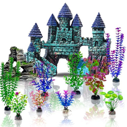 Mechpia 13 Pieces Aquarium Decorations Kit, Fish Tank Decorations Set Small Resin Castle and Rockery Betta Fish Cave Hideout Coral Artificial Plastic Plants Ornament Accessories