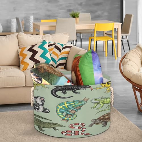 Large Storage Baskets - Reptiles Amphibians Lizards Nursery Round Collapsible Organizer Bin Box, Laundry Hamper for Kids Toys, Blanket, Bedroom Living Room Home Decor, Gift Basket, 19.4"x13.3"