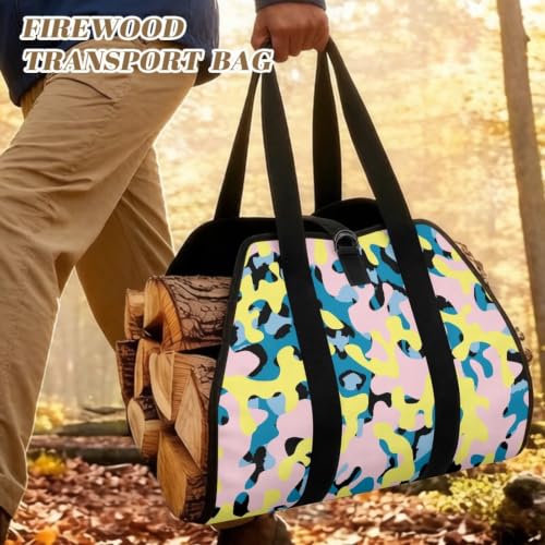Sweet Camo Print Wood Transport Sack Firewood Tote | with Reinforced Handles, Large Capacity, Open-Ended Design, for Stoves, Fire Pits and Long Camping Trips - color: Pink Yellow Blue Sweet Camo Print