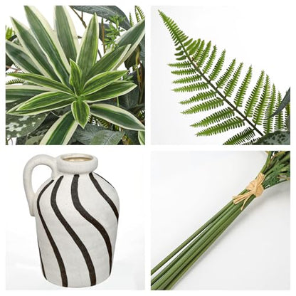 Artificial Greenery Arrangement with Cement Vase, Fake Potted Plants in Rustic Jug Planter, Faux Leaf Bouquet for Table Centerpiece, Farmhouse Home Decor, Dining Room, Living Room, Shelf Decoration