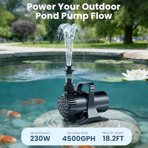 230W 4500 GPH Pond Pump, High Flow Heavy Duty Submersible Water Pump for Large Ponds, Pools & Waterfalls, Ultra Quiet Continuous Operation, Submersible & Inline Use, Includes Filter Bag - size: 4500 GPH