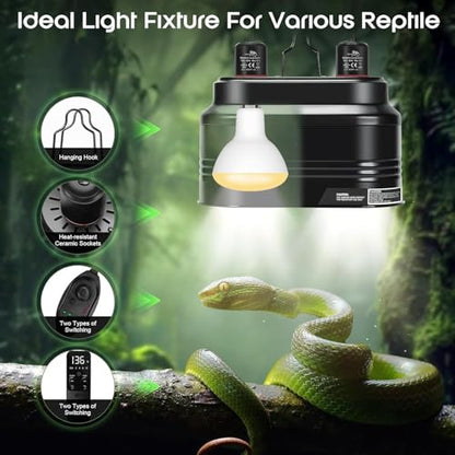 MECESOR Dual Reptile Light Fixture, Double Reptile Heat Lamp Fixture with Independent Thermostat Control & Timer Dimming Function Reflector Dome Lamp Fixture for Bearded Dragon, Lizard Terrarium