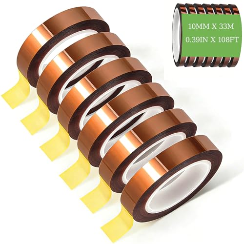 6 Rolls 10mm x 33m(0.4in x 108FT) Heat Tape for Sublimation Transfer, High Temperature Heat Resistant Tape Heat Transfer Tape for Heat Sublimation Press Vinyl,No Residue, Soldering,Circuit Board