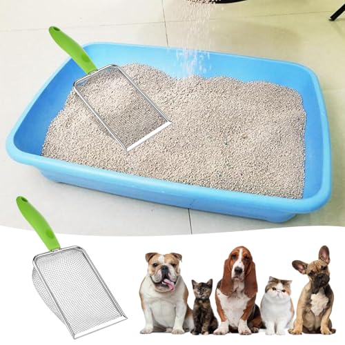 Stainless Steel Mesh Litter Shovel, Fine Mesh Metal Reptile Litter Cleaner Scooper, Green Non-Slip Handle Sifter for Lizard Substrate Reptile Terrarium Sand Waste