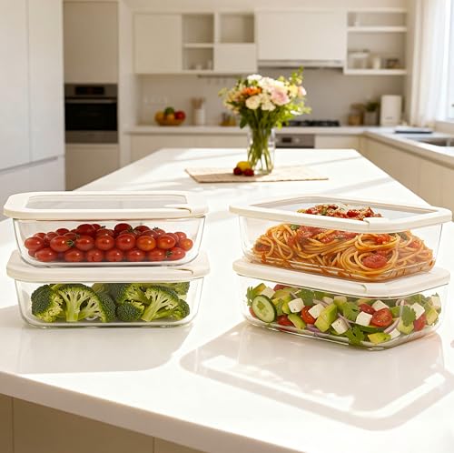 Glass Food Storage Containers with Glass Lids, Microwave Safe Food Container Set, Airtight Food Container Set, LeakProof, 100% Plastic Free, White Color, 4pack - color: ‎Ivory White -4s