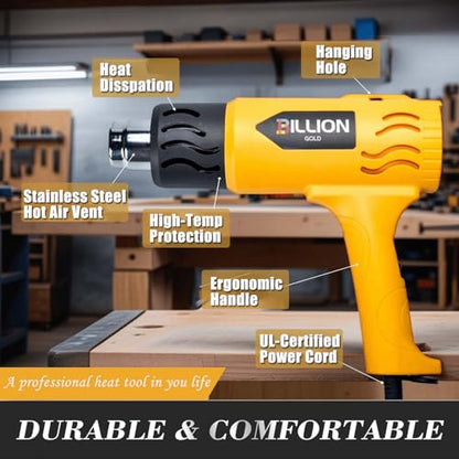 Heat Gun, BILLION GOLD 1800W Hot Air Gun 752℉-1112℉ with 2 Temperature Setting, Heat Gun for Crafting, Shrink Tubing, Paint Removing - 2 Nozzles - color: Yellow-2