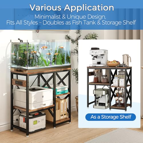 METYERRY 20-29-37 Gallon Fish Tank Stand with Power Outlet,Adjustable Shelf | 3 Tier Storage,400 LBS Heavy Duty Steel Frame, Fits Fish Reptile and Turtle Tanks, Stable Home Aquarium Setup - color: Rustic Brown, size: 20-29-37gallon