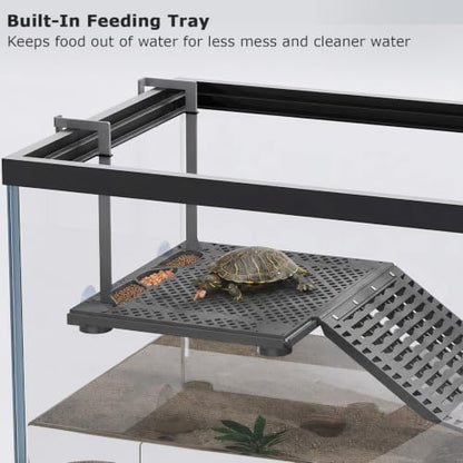 Upgraded Hanging Turtle Basking Platform with Built-In Feeding Tray, Stainless Steel Hooks, Non-Slip Ramp, No Zip Ties, Heavy-Duty Turtle Dock for 30 Gallon Aquariums