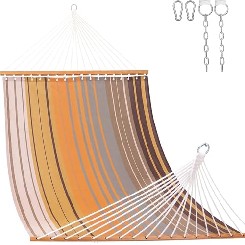 Lazy Daze Double Textliene Quick Dry Hammock with Spreader Bar for Outdoor | 11 Ft Hammock for 2 Person, Weather Resistant Fabric, 450 Lbs Capacity, Hammock Bed 78 x 55 In with Carabiners, Chains - color: Coffee Stripes