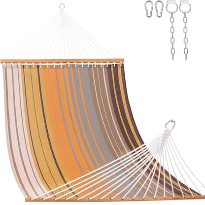 Lazy Daze Double Textliene Quick Dry Hammock with Spreader Bar for Outdoor | 11 Ft Hammock for 2 Person, Weather Resistant Fabric, 450 Lbs Capacity, Hammock Bed 78 x 55 In with Carabiners, Chains - color: Coffee Stripes