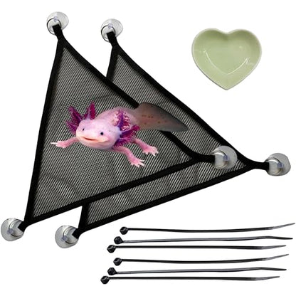 Axolotl Hammock For Aquarium with Ceramic Feeding Dish, Axolotl Hammock with Bowl, Reptile Triangle Hammocks with Tray Feeder, Axolotls Accessories For Tank, Bearded Dragon Tank Accessories (Black, S) - size: S
