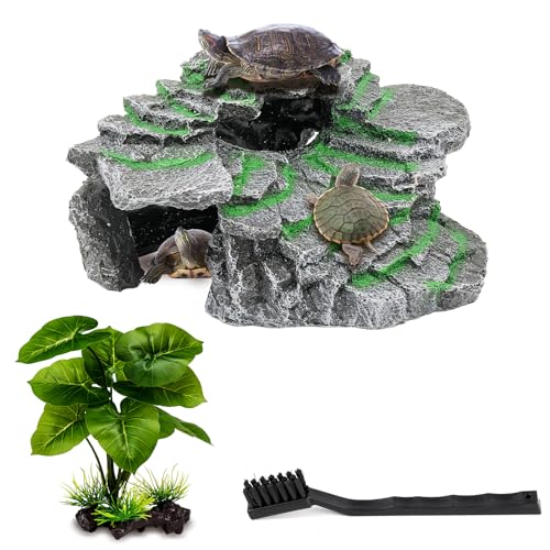 MoonOrange Turtle Basking Platform, Reptile Habitat Hideout, Decorative Resin for Aquarium & Terrarium, Including Artificial Plant and Cleaning Brush.(C-Medium-Black)