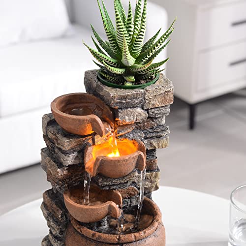 Indoor Fountain 4-Bowl Rockery Soothing Sound Tabletop Fountains Home/Office Decor with a Small Plastic Pot to Grow The Plant by Yourself(Automatic Watering)(23001)