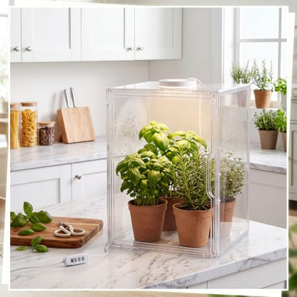 Novabright Mini Greenhouse Indoor with Grow Light Clear Acrylic Plant Cabinet, Tabletop Indoor Greenhouse Kit DUSB White & Warm Light for Succulents, Herbs (Without Dividers)