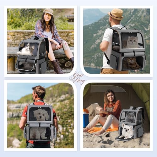 Double Cat Backpack Carrier for 2 Cats, Double-Compartment Pet Carrier Backpack for Two Small Cat or One Medium Cat, Cats Carrier Backpack Dog Carrier Backpack Fits Up to 24 Lbs,Grey - color: Grey