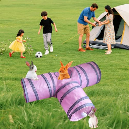 Rabbit Tunnels & Tubes Collapsible 3 Way Pink Grey, Play Tunnel Tube Toy with Hanging Ball for Kitten, Puppy, Bunny, Ferret, Interactive Toys for Fun Playtime & Exercise - color: pink
