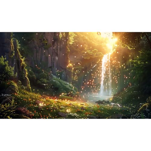 Fantasy Forest Aquarium Background Waterfall Cascades Tranquil Pool Fish Tank Background Enchanted Glade Vibrant Blooms Sunray Reptile Tank Backgrounds Fireflies Oasis Terrarium Backgrounds 24x12in - color: Golden Green, size: 24(W)x12(H)inches/ 60(W)*30c