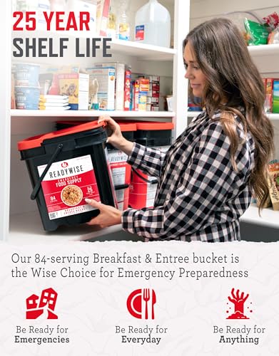 ReadyWise Emergency Food Supply - 84 Servings Breakfast & Entrée Bucket, Protein Meals, Dehydrated & Freeze Dried Food for Backpacking, Camping Essentials & Prepping Supplies, up to 25 Year Shelf Life