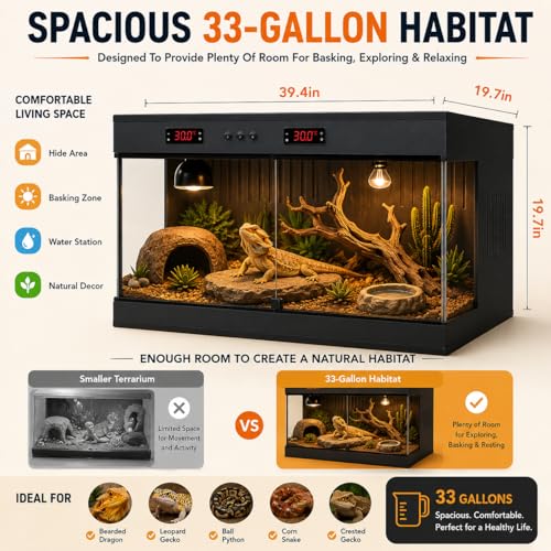 PVC Reptile Terrarium Tanks Enclosure for Ball Python Snake Gecko Bearded Dragon, PVC Reptile Lounge Habitat with Glass Sliding Door and Intelligent Thermostat (33gallons)