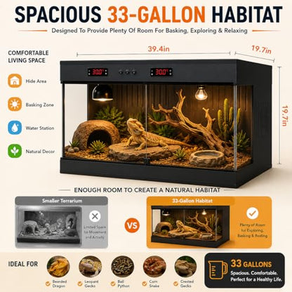 PVC Reptile Terrarium Tanks Enclosure for Ball Python Snake Gecko Bearded Dragon, PVC Reptile Lounge Habitat with Glass Sliding Door and Intelligent Thermostat (33gallons)