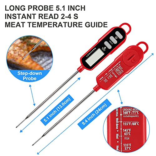 LONICERA Digital Cooking Thermometer for Bread, 5-Inch Probe, Red | 2–3 second instant read, IPX6 waterproof, backlit display, ±2°F accuracy, for bread, dough, liquids, water and meat
