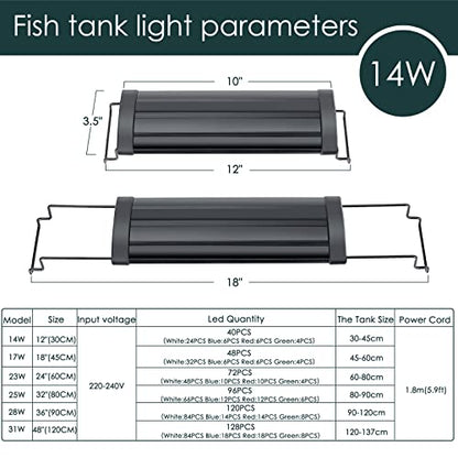 AQQA Aquarium Light,Full Spectrum LED Fish Tank Lights | 12"-54" Adjustable Multi-Color White Blue Red Green LEDs with Extendable Brackets,14W-31W for Freshwater Plants 14W (12"-18") - size: 14W (12"-18")