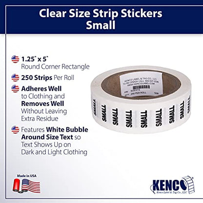 Clothing Size Strip Labels - 1.25" X 5" - 250 Strips Per Roll - Clear with Black and White Ink by Kenco (Small) - size: Small