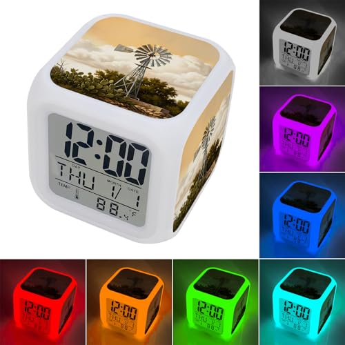 Windmill Alarm Clock, Windmill Farmhouse Sunset Field Trees Rustic Digital Clock Night Light with 7 Color, Calendar Temperature Display, NightLight Clock for Bedroom, 3.2x3.2in - color: Gold,amber,green