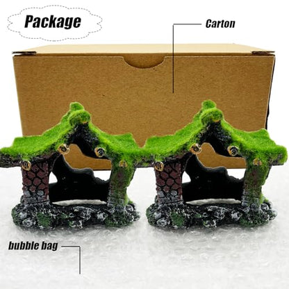 Tfwadmx Aquarium Decoration House Resin Hollow Betta Hideout House Fish Hide Tank Terrarium Accessories Cave Ornament for Small Shrimp Hideaway with Moss（2Pcs） - size: 2PCS
