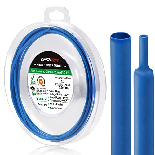 Chanzon 2:1 Ratio 1/24" (1mm) Heat Shrink Tubing 8Ft Roll Blue | Polyolefin Sleeving 2.5M Roll, for Automotive Wire Repair, Marine, RC Hobby & Electronic Insulation, 1pcs - color: Blue, size: 1mm (1/24") - 8FT