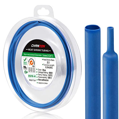 Chanzon 2:1 Ratio 1/24" (1mm) Heat Shrink Tubing 8Ft Roll Blue | Polyolefin Sleeving 2.5M Roll, for Automotive Wire Repair, Marine, RC Hobby & Electronic Insulation, 1pcs - color: Blue, size: 1mm (1/24") - 8FT