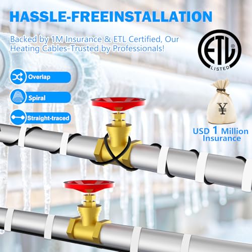 100FT Self-Regulating Heating Cable, 120V Corrosion Resistant | Fluoropolymer Heat Cable for Sewage Pipes, Wastewater Systems and Sump Pumps, Provides Freeze Protection in Cold Weather - style: 100FT