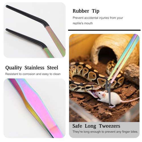 OLIISS Reptile Feeding Tongs with Rubber Tip - 15" Extra Long Tweezers for Aquariums & Crafts - Stainless Steel Feeder Tools for Bearded Dragons & Lizards - Terrarium Tank Supplies - 2 Pack - size: 15 Inch