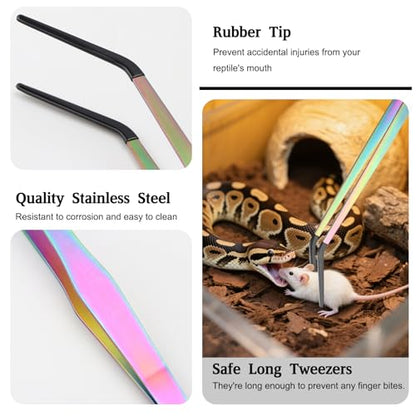 OLIISS Reptile Feeding Tongs with Rubber Tip - 15" Extra Long Tweezers for Aquariums & Crafts - Stainless Steel Feeder Tools for Bearded Dragons & Lizards - Terrarium Tank Supplies - 2 Pack - size: 15 Inch