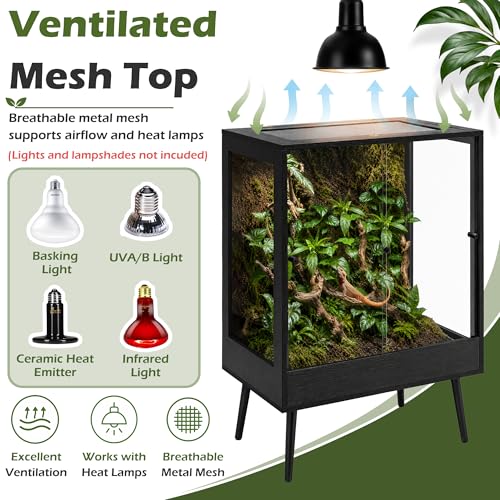 32" x 18" x 36" Tall Reptile Terrarium with Leg Stand, 90 Gallon Vertical Glass Chameleon Cage with Front Opening Doors, Ventilated Mesh Top, Rainforest Habitat for Arboreal Reptiles, Black